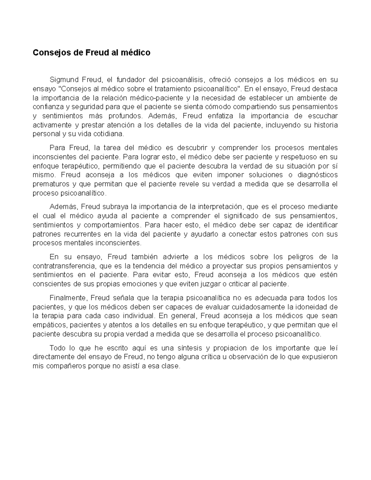 Consejos de Freud al médico Consejos