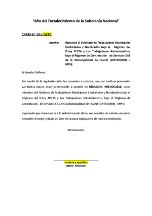 Carta de Renuncia - Sintramun - “Año del Fortalecimiento de la Soberanía  Nacional” CARTA N° 001-JWPC - Studocu