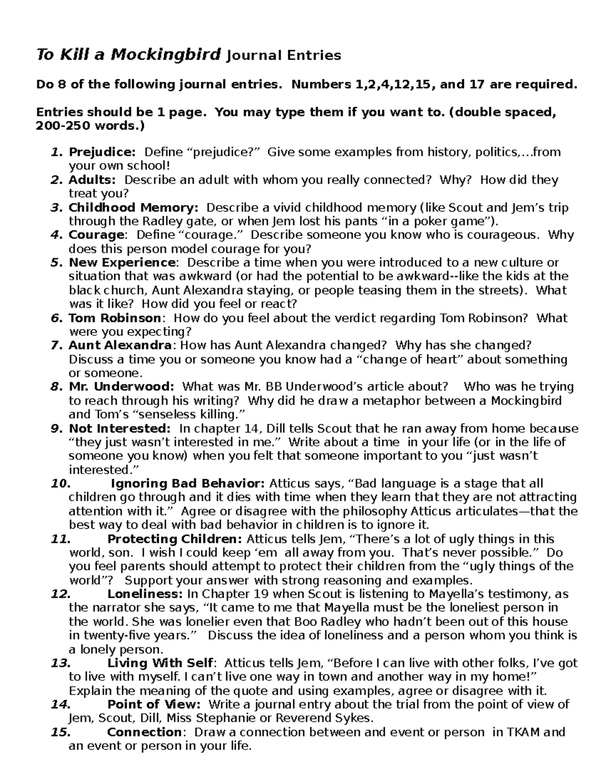 To Kill a Mockingbird Journal Entries Tenth 2012 - Studocu