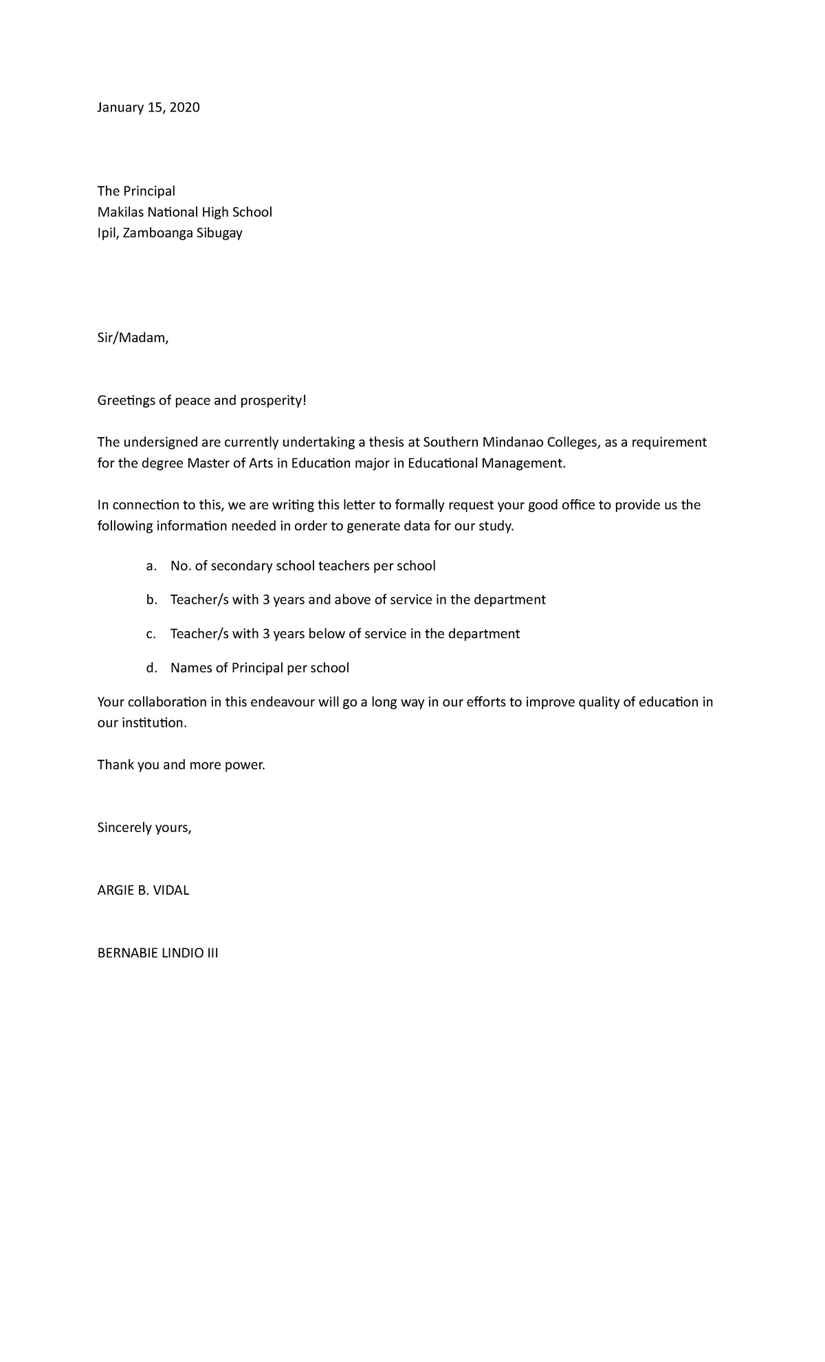 Communication letter - The Principal Makilas National High School Ipil ...