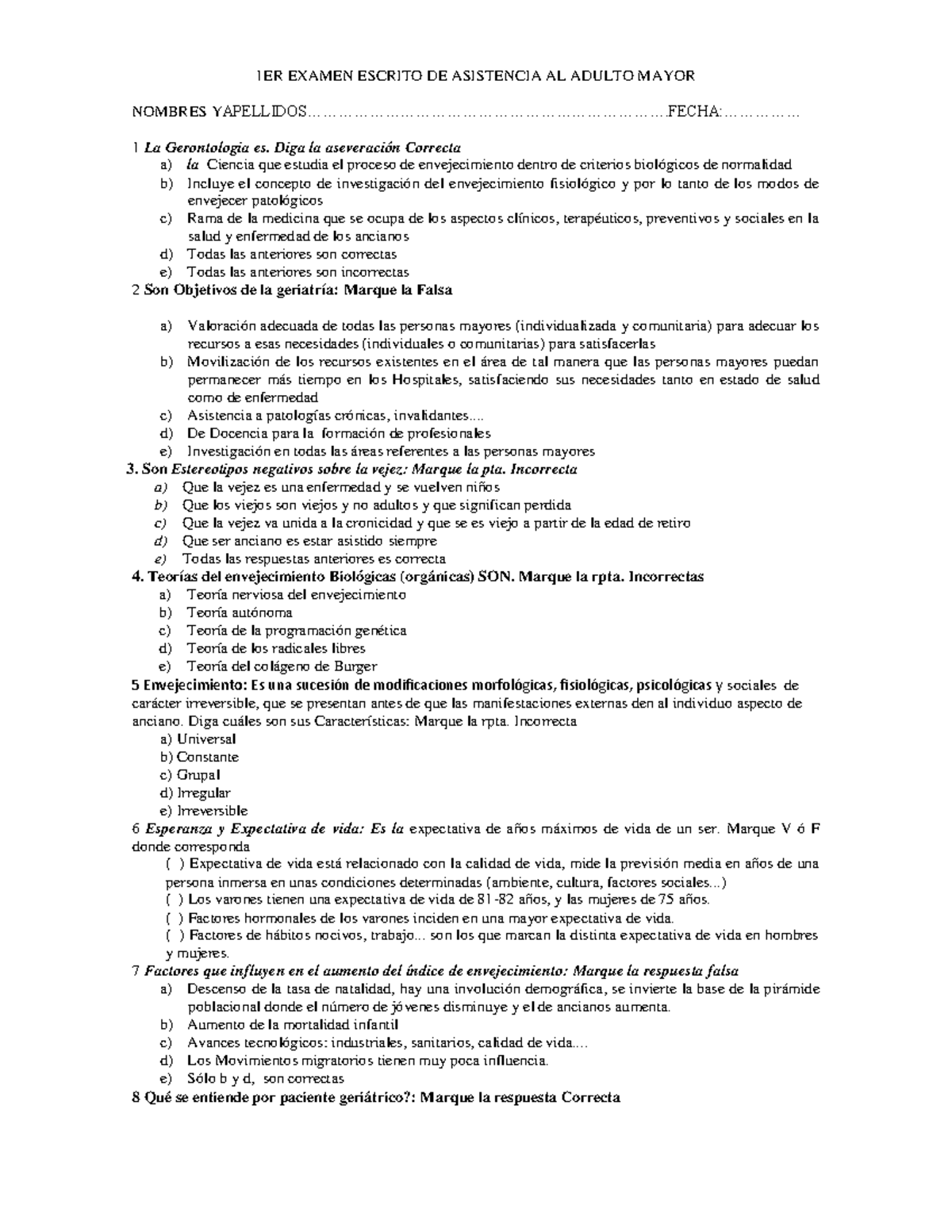 1ER Examen Escrito DE Asistencia AL Adulto Mayor - 1ER EXAMEN ESCRITO ...