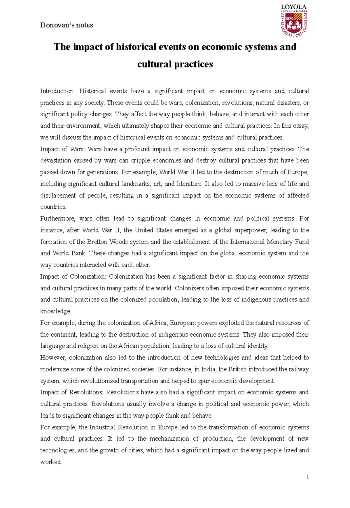 The impact of historical events on economic systems and cultural