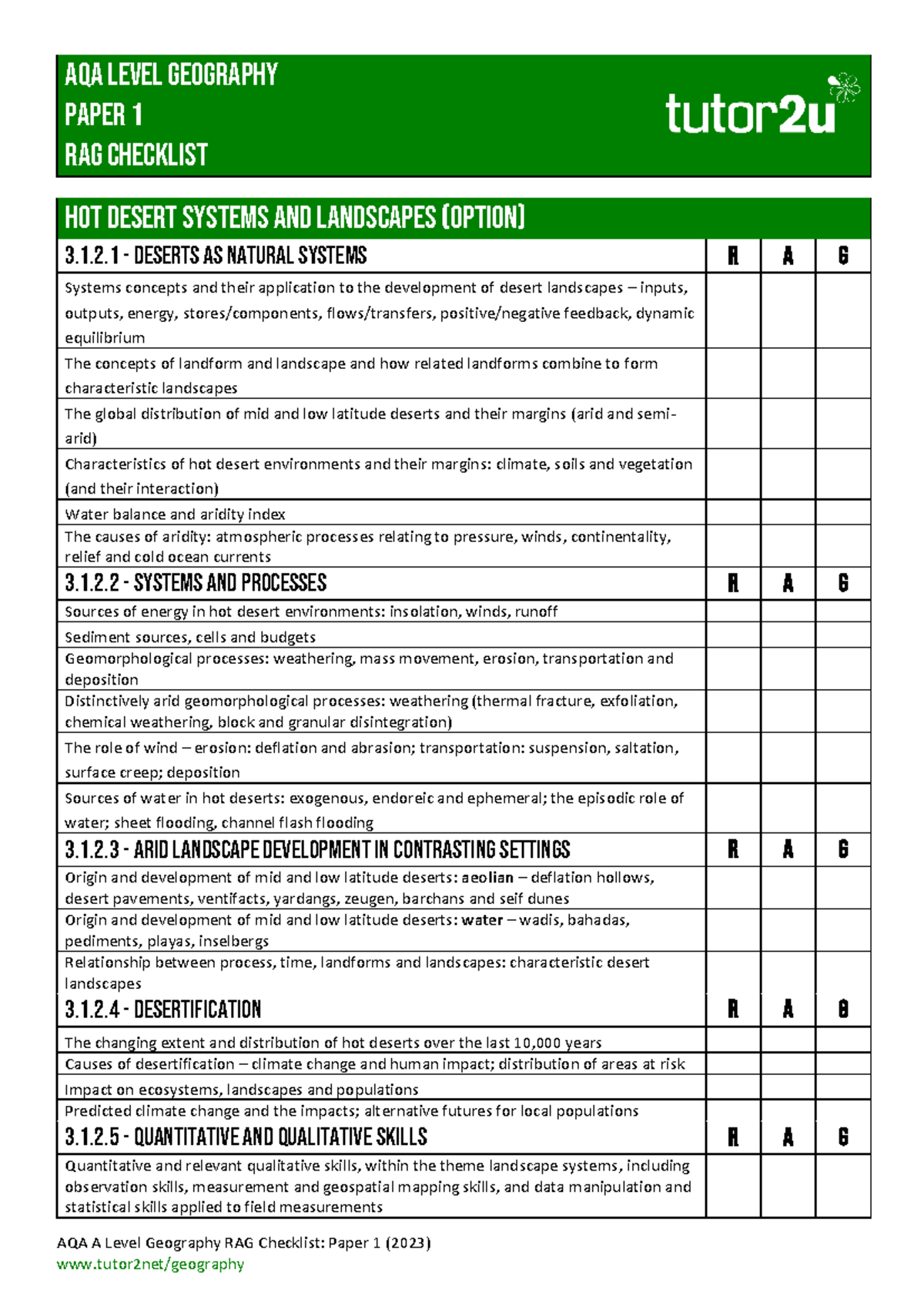 AQA A Level Geography RAG Checklist - Paper 1 H Desert S & L - AQA A ...