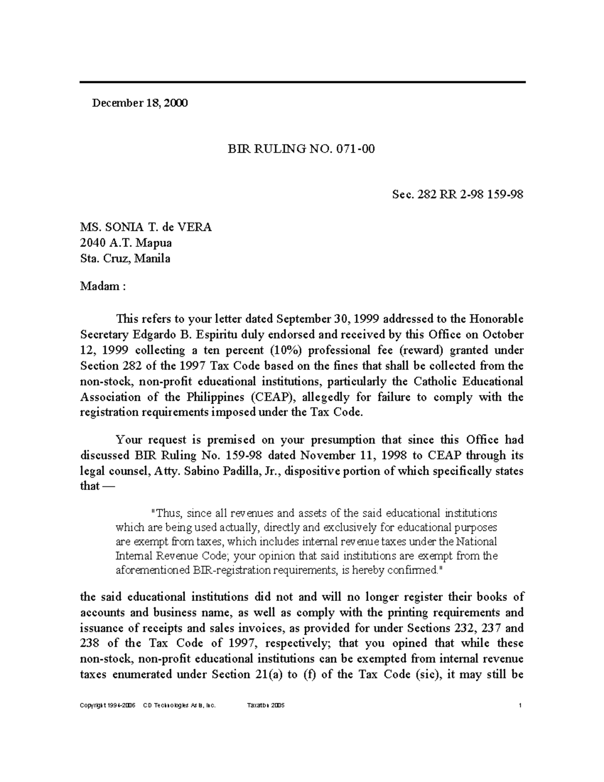 BIR Ruling 071-00 - Law book materials and documents - book - December ...