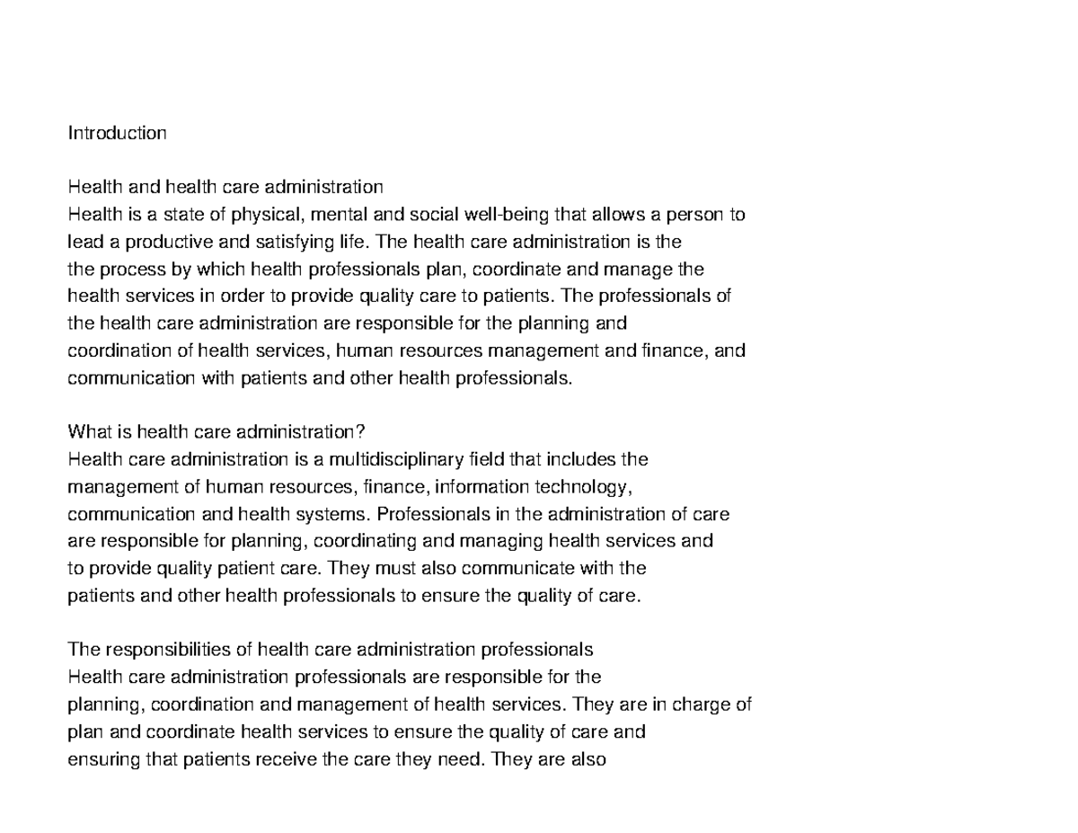 English Health Care Administration Study notes - Introduction Health ...