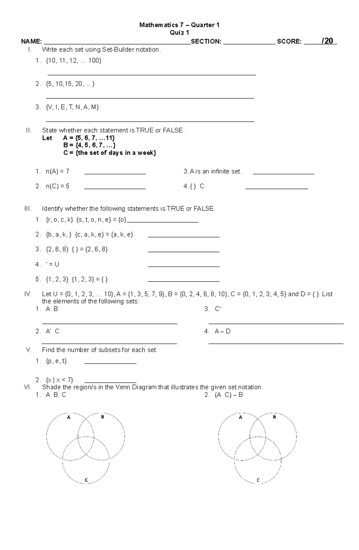 QUIZ 1 - quiz in mathematics 7 - Mathematics 7 – Quarter 1 Quiz 1 NAME ...