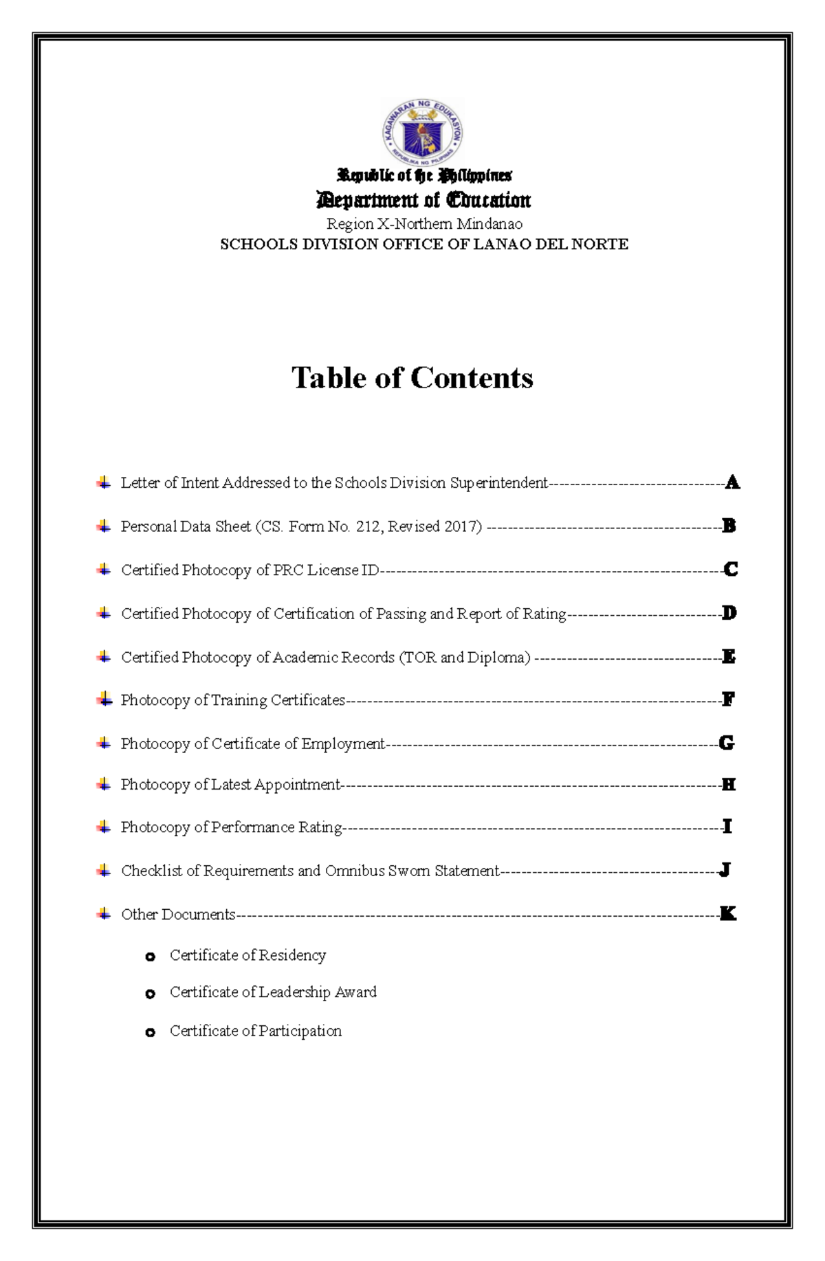 Pertinent Paper Table OF Contents   Republic Of The Philippines