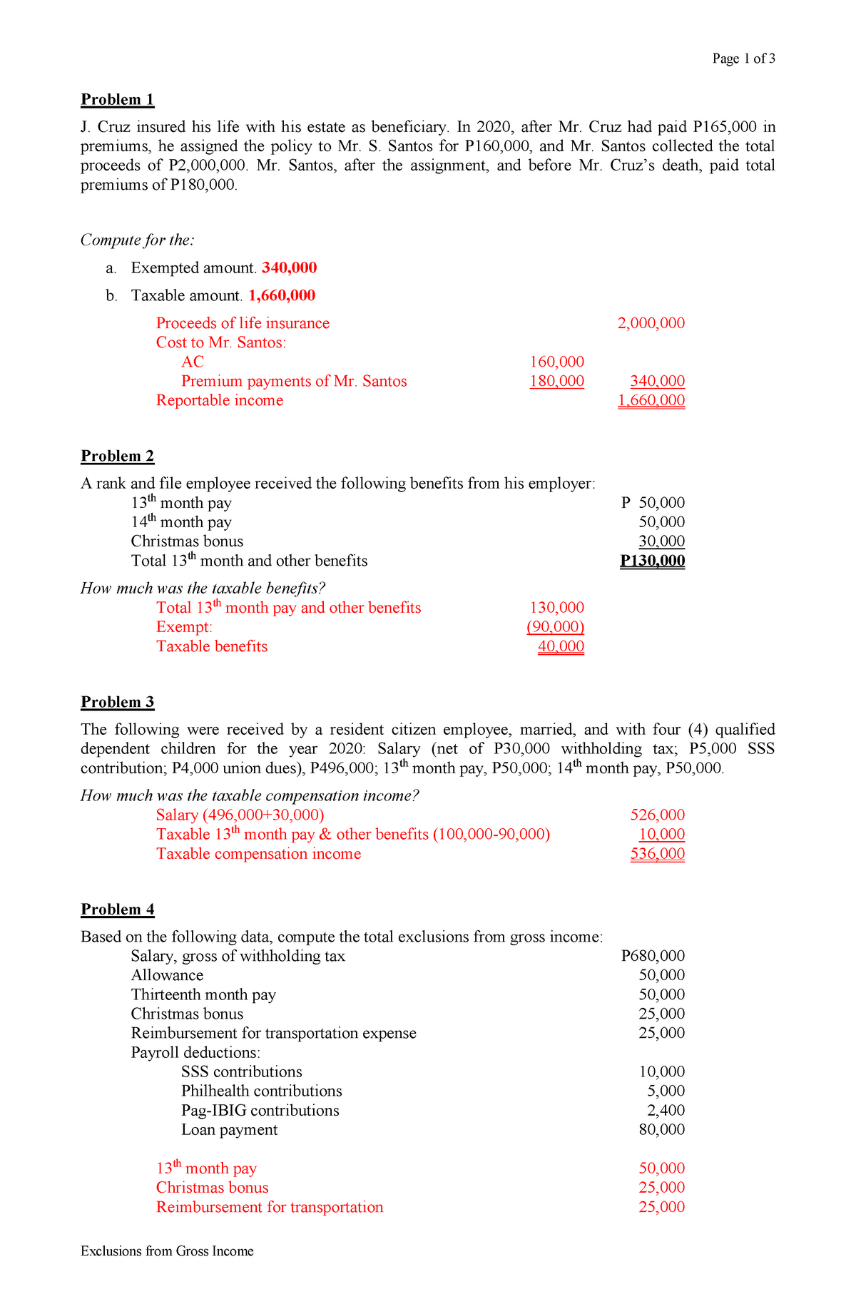 Exclusions From Gross Income With Answers - Page 1 Of 3 Exclusions From ...