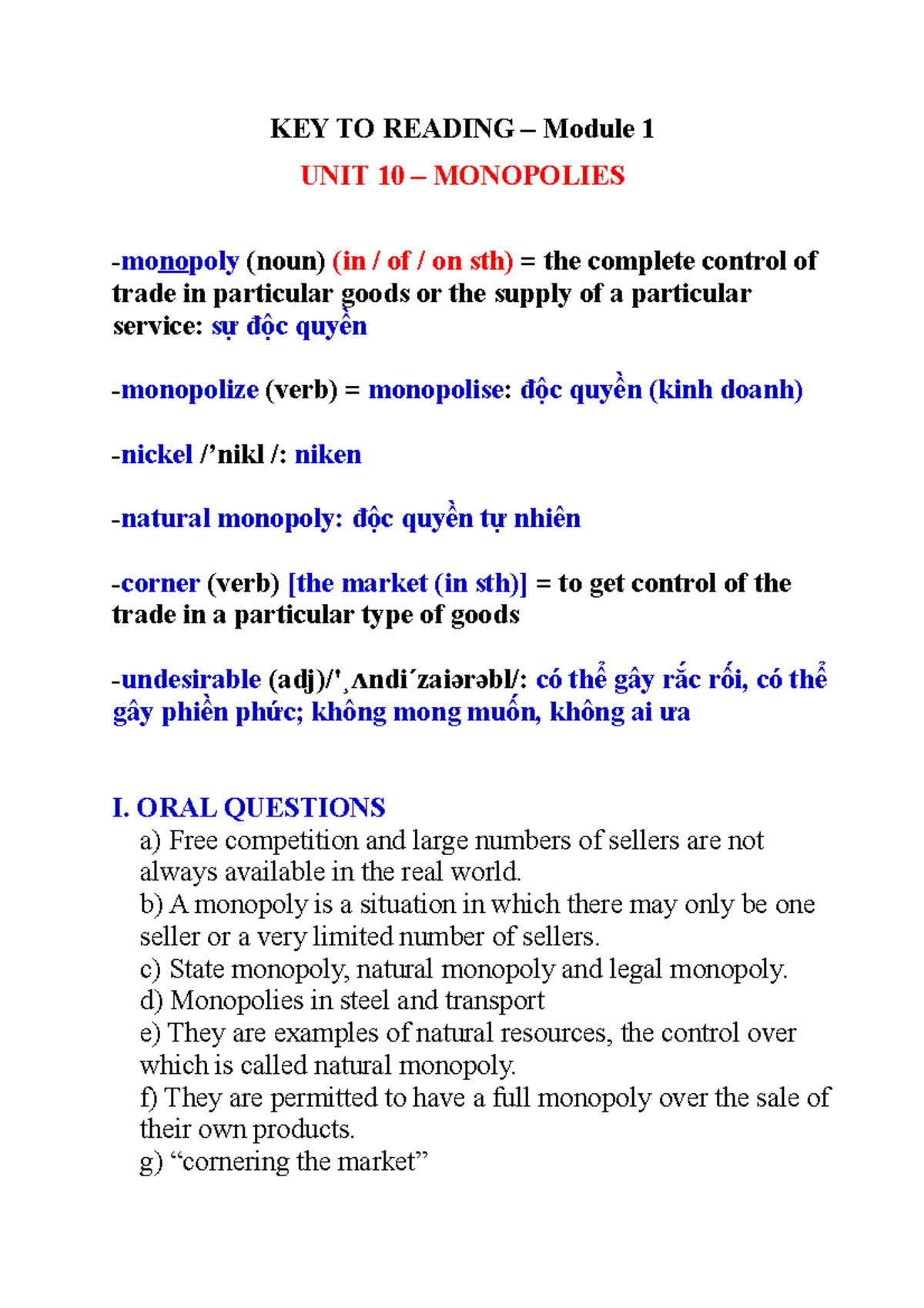 KEY TO Reading Module 1UNIT 10 KEY TO READING Module 1 UNIT 10