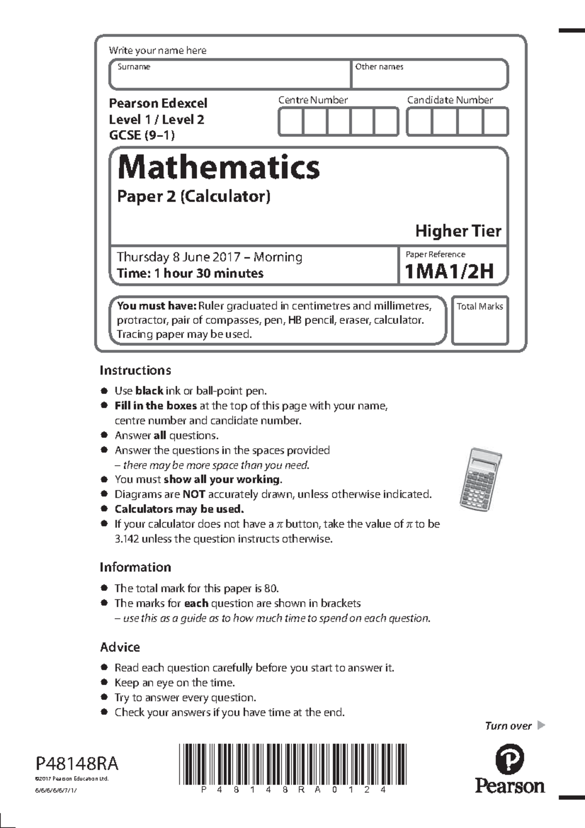 Edexcel Gcse June 2017 Higher Calculator Maths Past Paper 2 Solution Centre Number Candidate Edexcel Gcse June 2017 Higher Calculator Maths Past Paper 2 Solution Centre Number Candidate