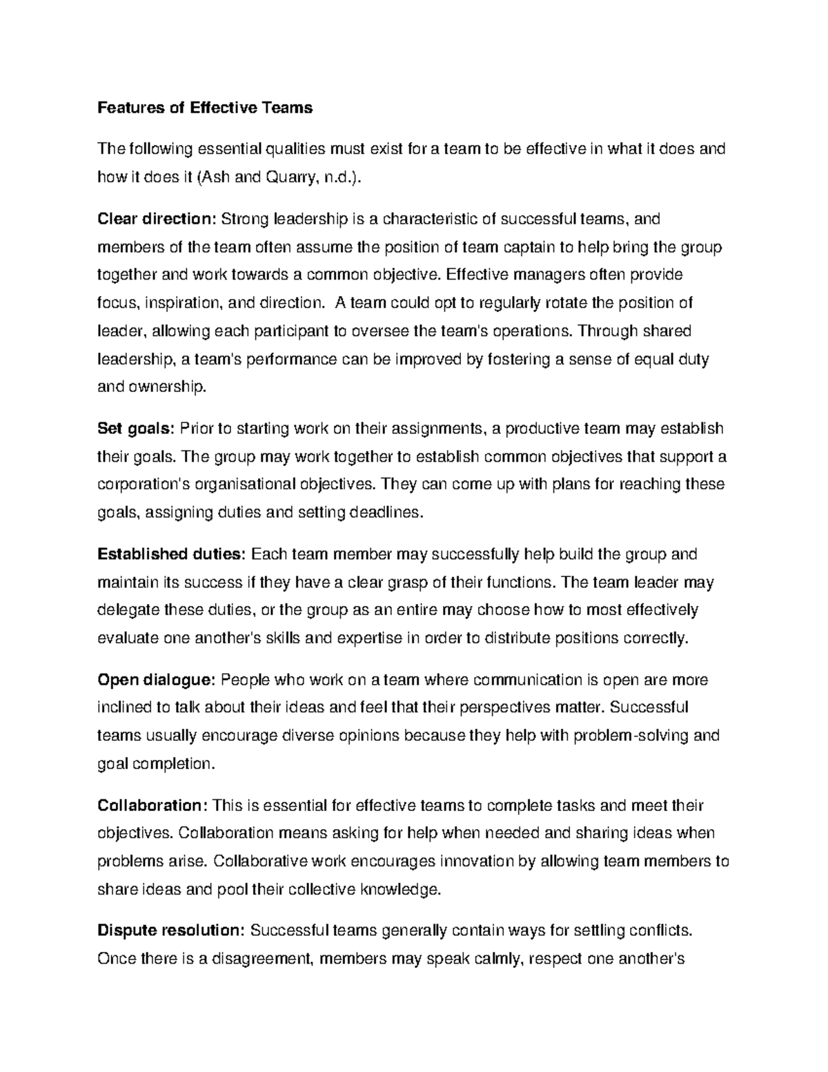 Features of Effective Teams - ). Clear direction: Strong leadership is ...