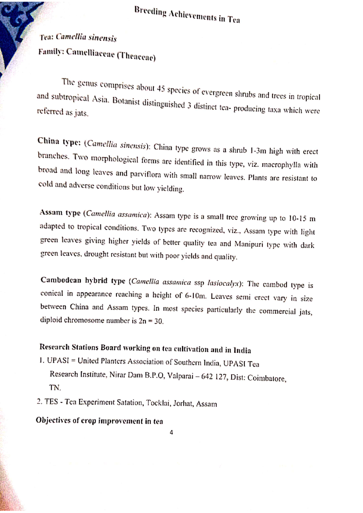 Breeding Achievements IN TEA - horticulture - Studocu