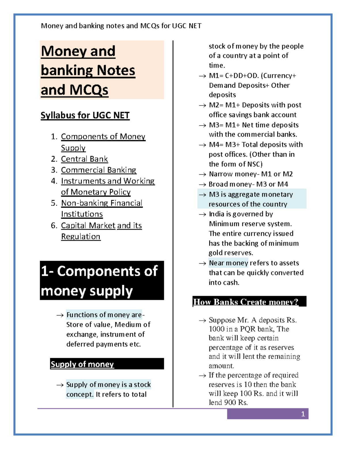 New money and banking notes and mcqs Money and banking Notes and MCQs