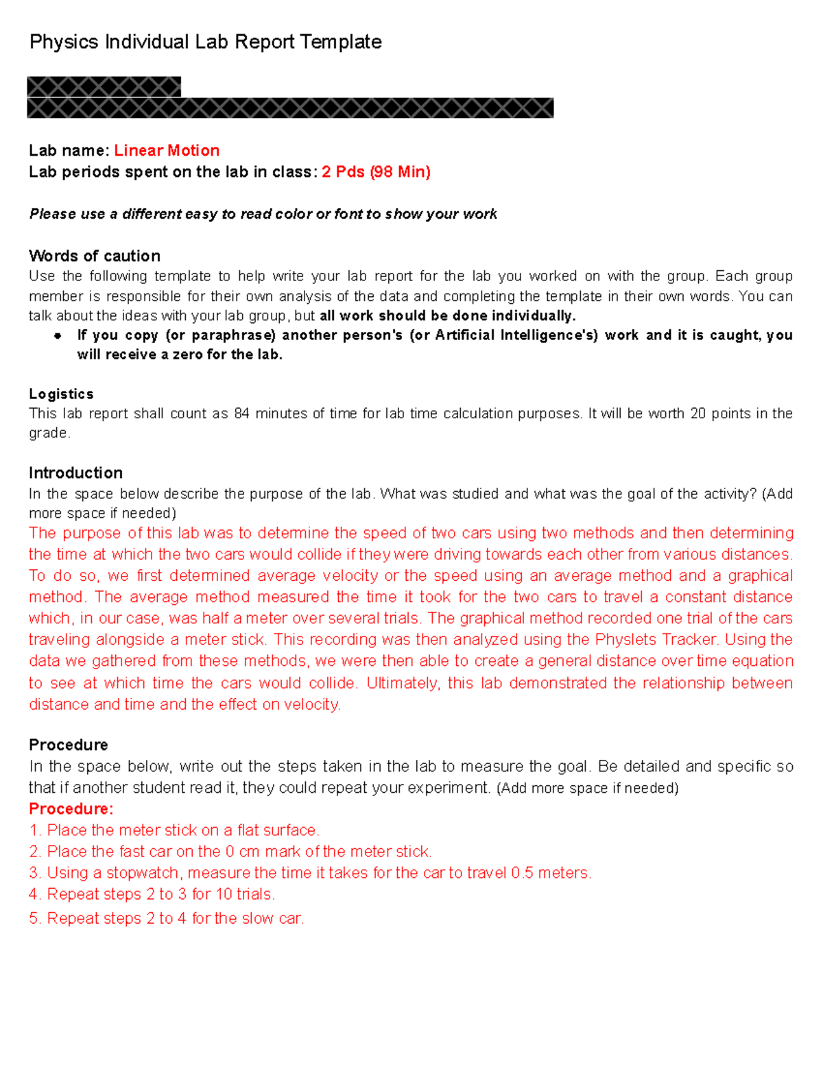 Linear Motion Lab Lab Physics Individual Lab Report Template Lab