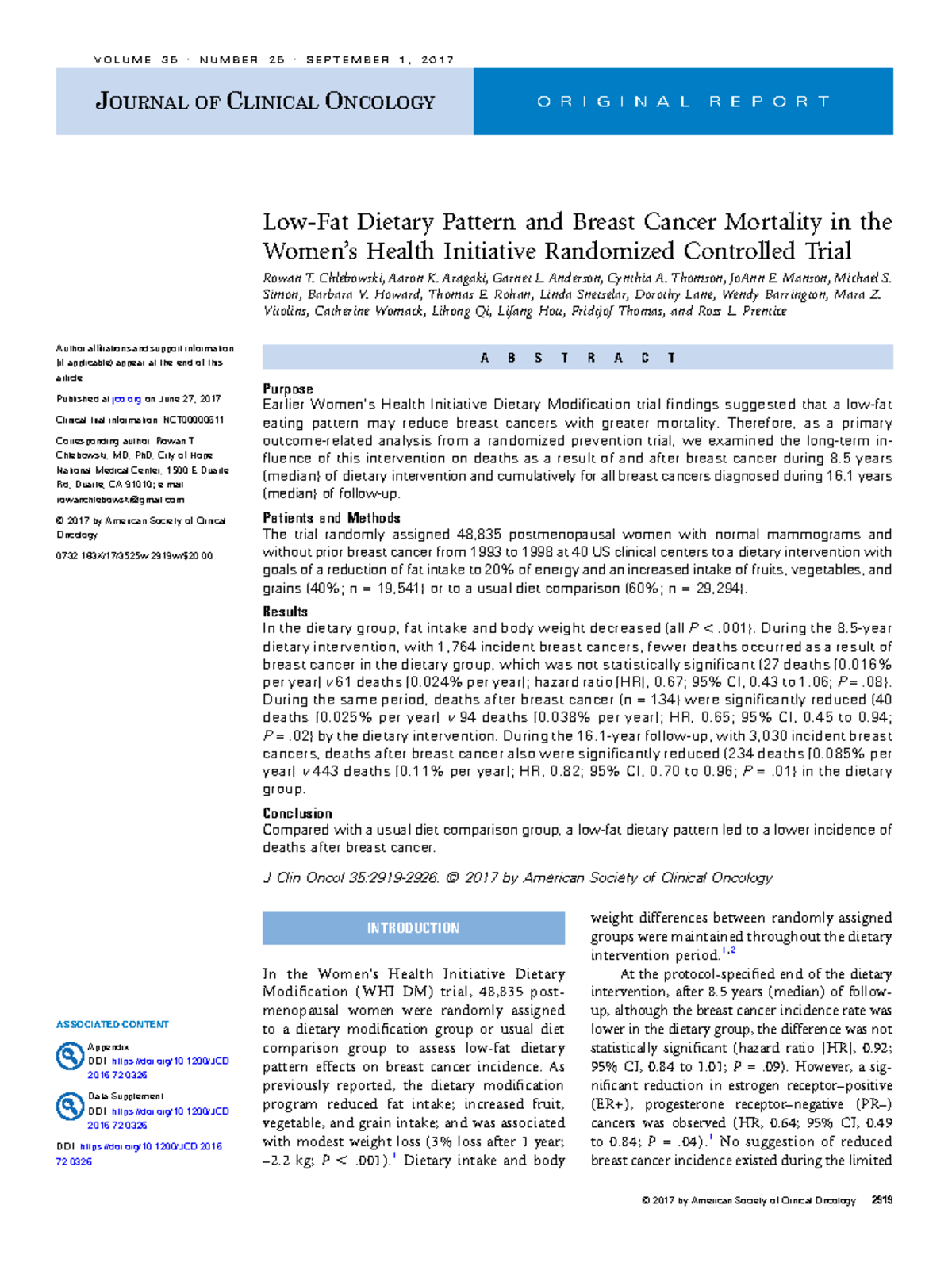 LowFat Dietary Pattern and Breast Cancer Mortality in the Women