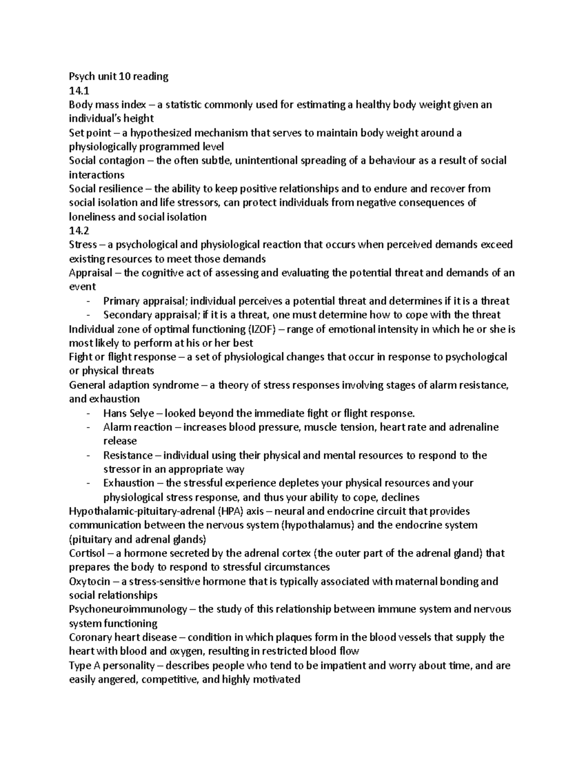 Psych unit 10 reading - Psych unit 10 reading 14 Body mass index a ...