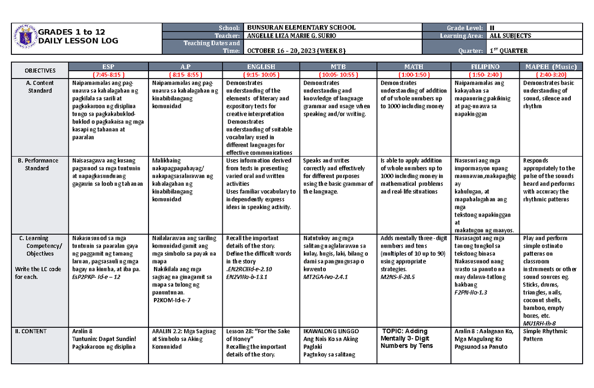 DLL ALL Subjects 2 Q1 W8 D1 - GRADES 1 to 12 DAILY LESSON LOG School ...