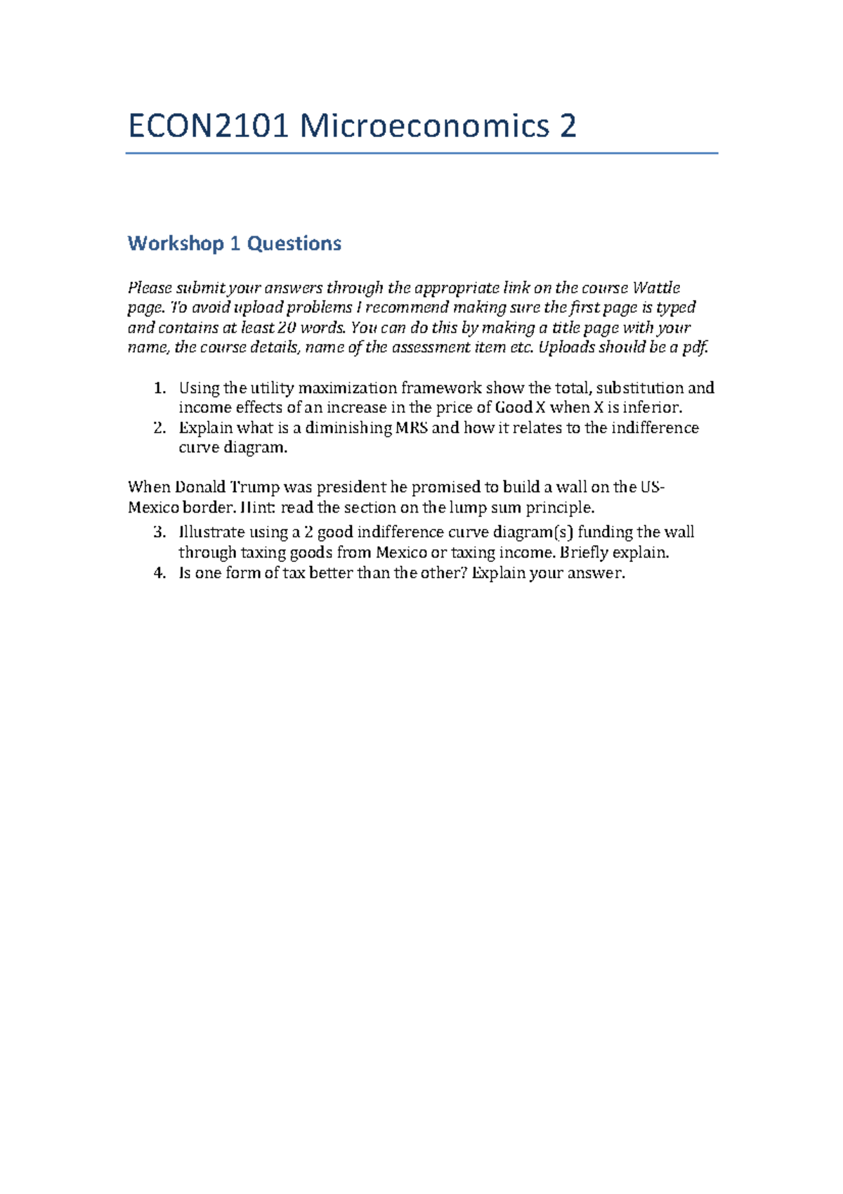 ECON2101 2023 Workshop 1 Questions V1 - ECON2101 Microeconomics 2 ...