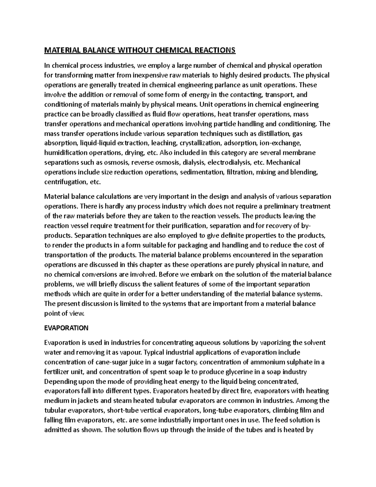 Material balance without chemical reaction - MATERIAL BALANCE WITHOUT ...