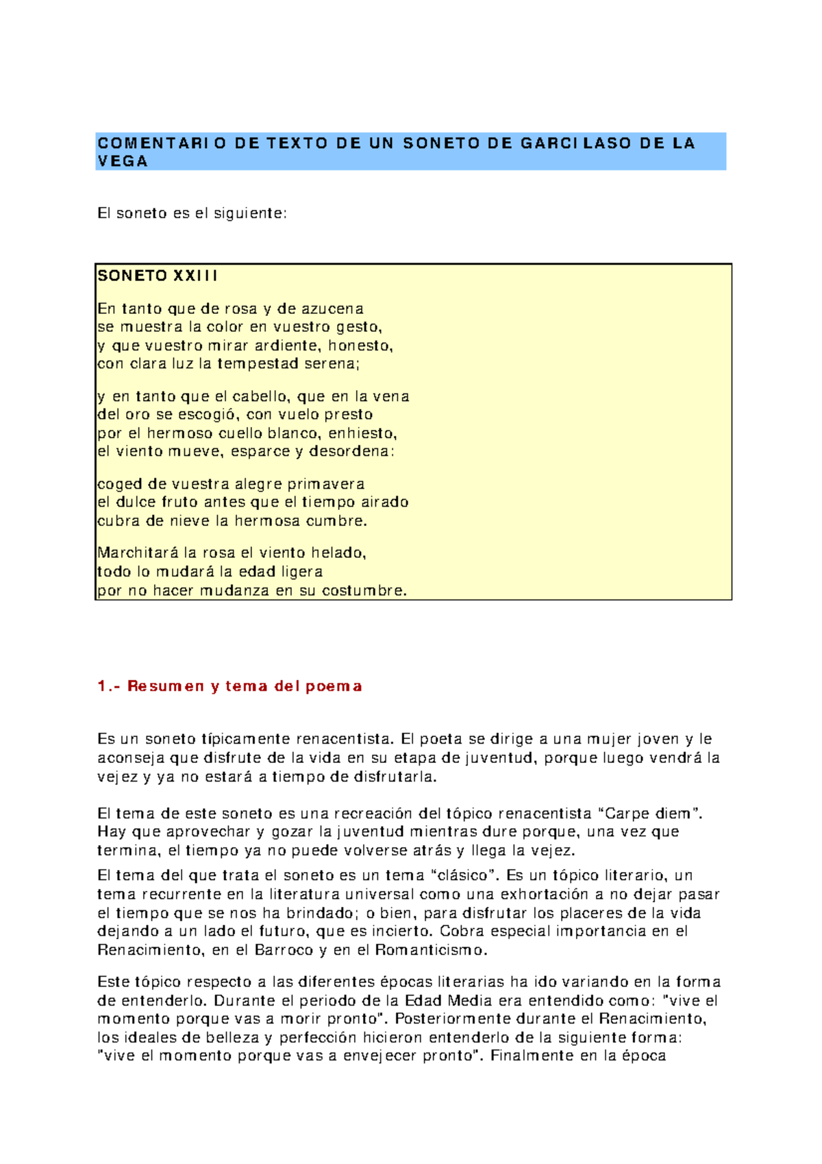 Soneto Xxiii - COMENTARIO DE TEX TO DE UN SONETO DE GARCILASO DE LA ...