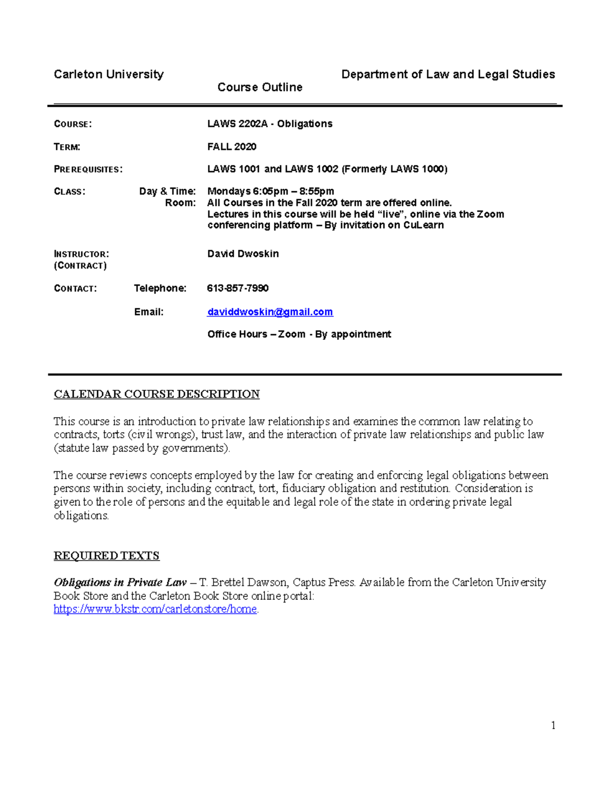 Course outline - 2202A - Fall 2020 - Laws 2202 - Carleton - Studocu
