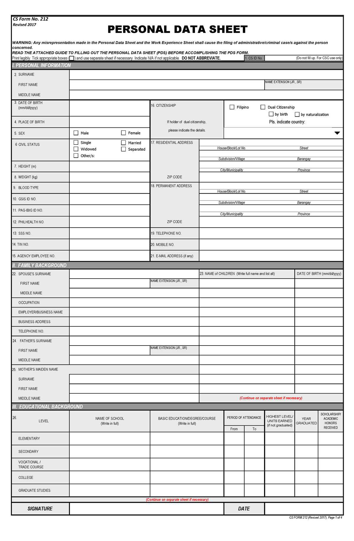 CS Form No. 212 Personal Data Sheet revised - BIND - Print legibly ...