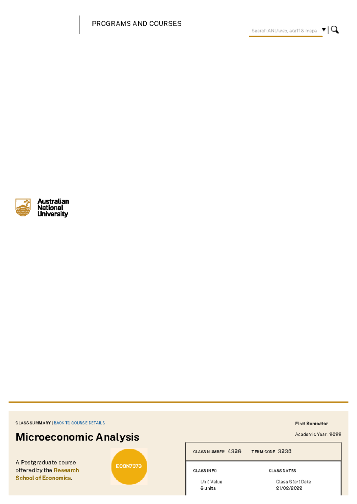 ECON7073 2022 Semester1 Course summary. - PROGRAMS AND COURSES Search ...