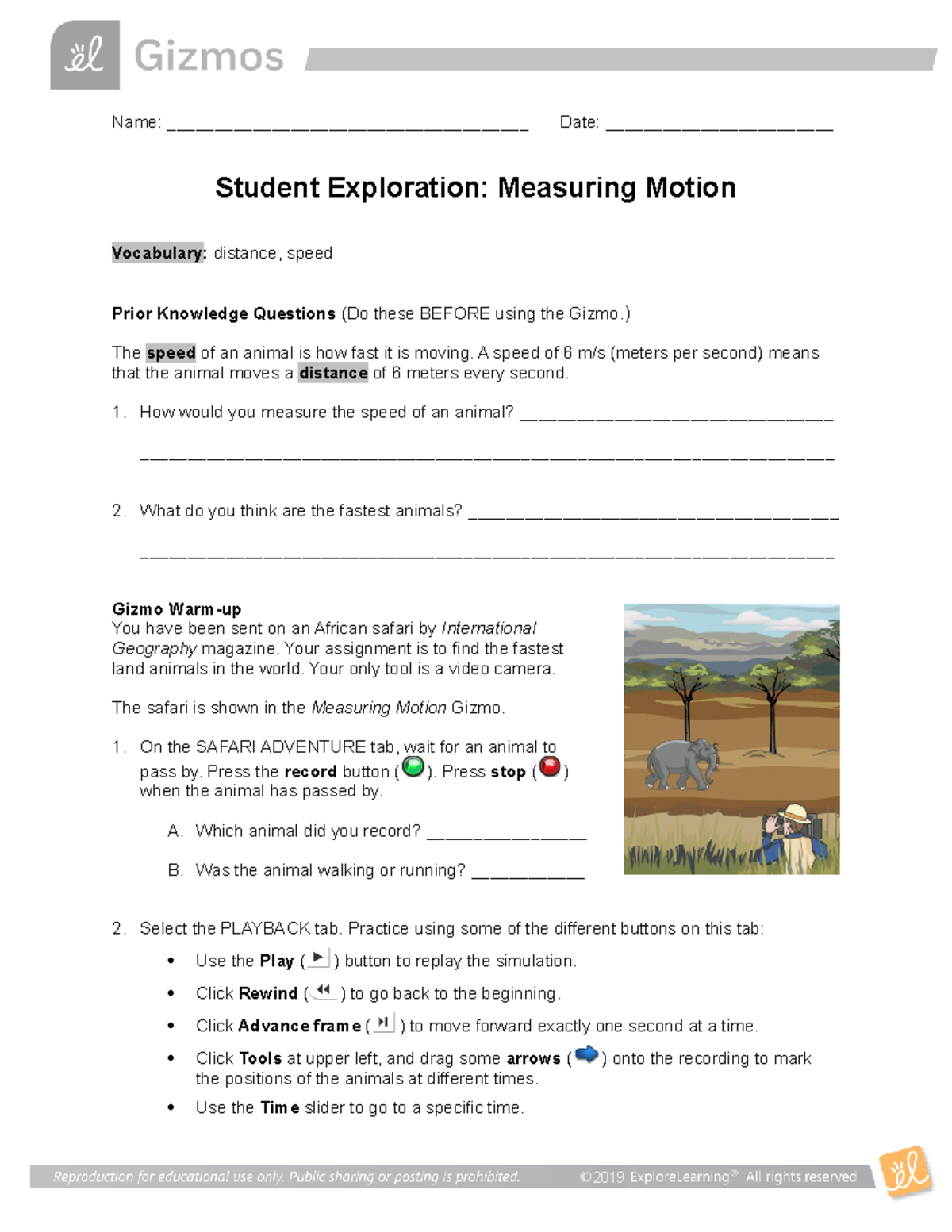 Measuring Motion SE Worksheet 2019 Name