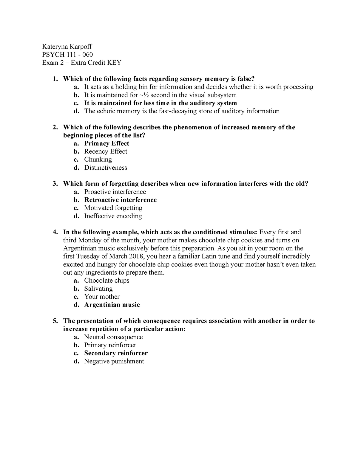 Psych 111 Extra Credit 2 Answer Key U M Studocu - 