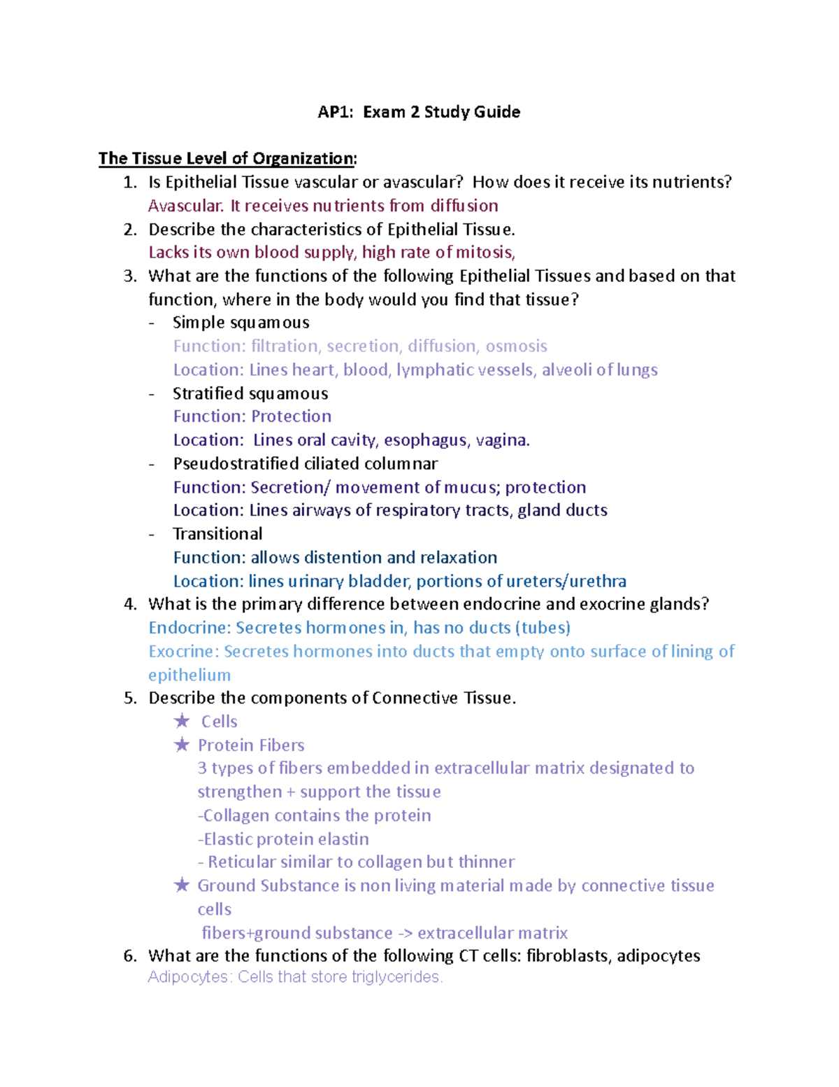 AP1 Exam 2 Study Guide - AP1: Exam 2 Study Guide The Tissue Level Of ...