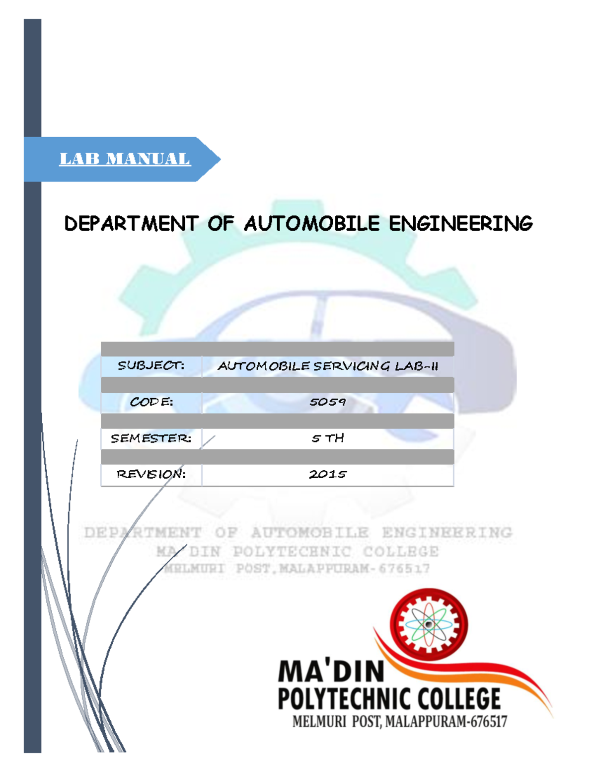 5058 Automobile Servicing LAB II - DEPARTMENT OF AUTOMOBILE ENGINEERING ...
