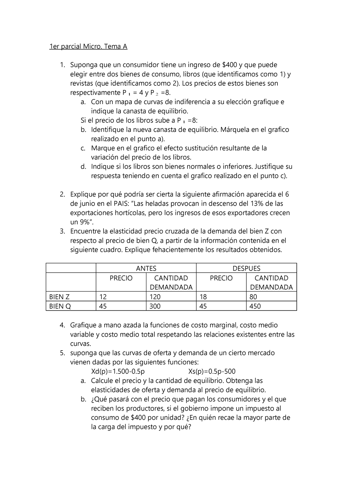 1 Parcial Microeconomia - 1er Parcial Micro. Tema A Suponga Que Un ...