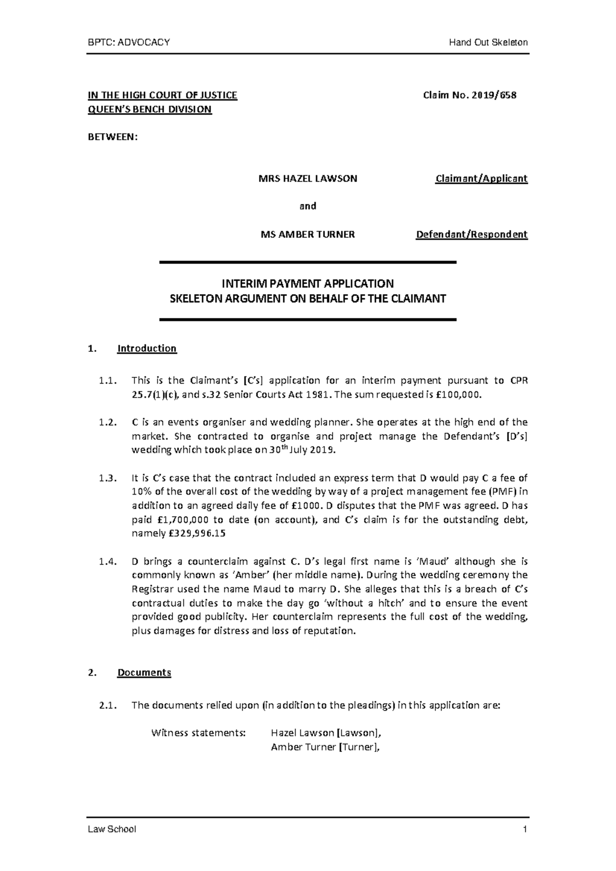 2019 - 2020 - SGS 6 Sample Skeleton - Lawson v Turner - IN THE HIGH ...