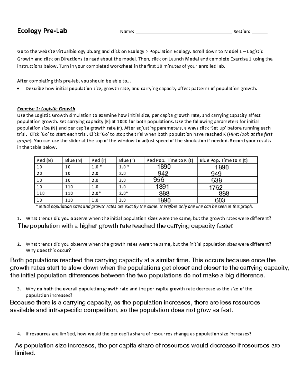 LS7B Ecology Pre Lab Worksheet - Ecology Pre-Lab Name