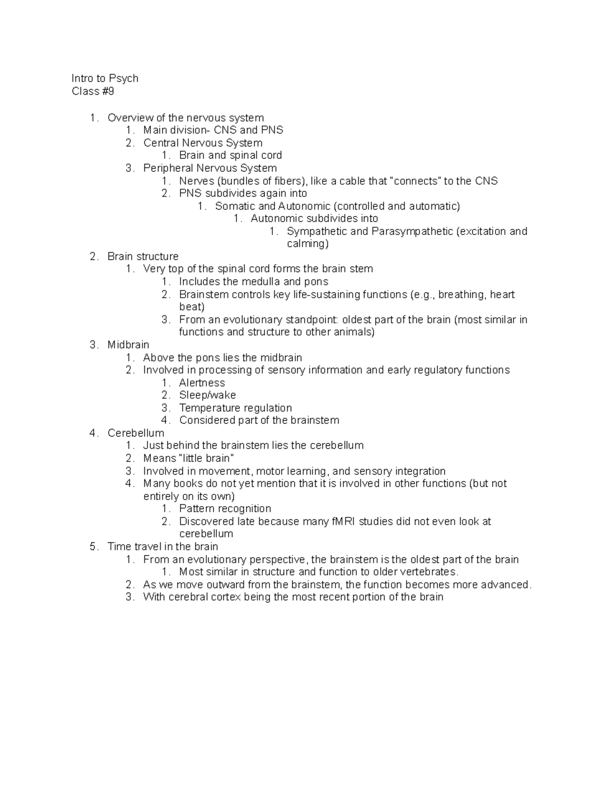 Intro to Psych Class 9 - Lecture notes 9 - Intro to Psych Class ...