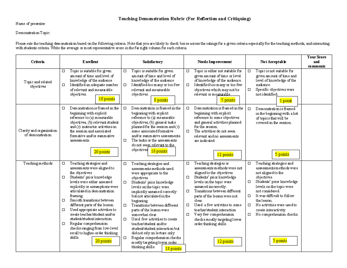 Teaching Demonstration Rubric updated - Teaching Demonstration Rubric ...