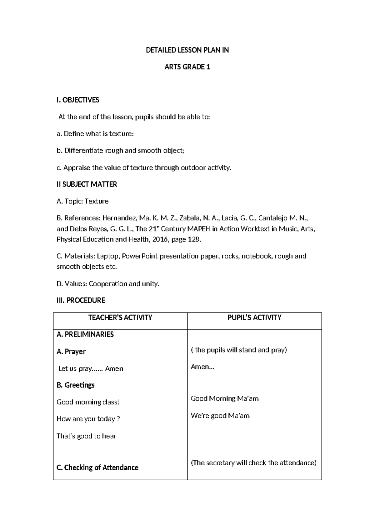 4A'S Detailed Lesson PLAN ARTS Grade -1 ( Texture ) - DETAILED LESSON ...