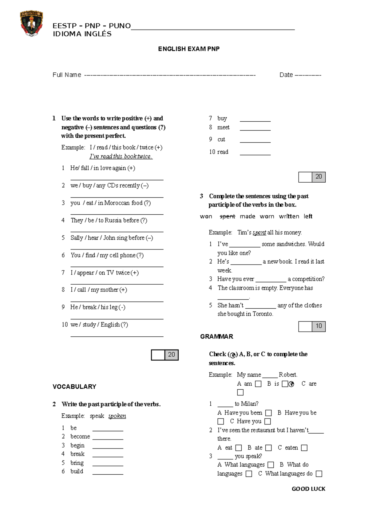 I examen PNP presentacion de - IDIOMA INGLÉS ENGLISH EXAM PNP Full Name ...