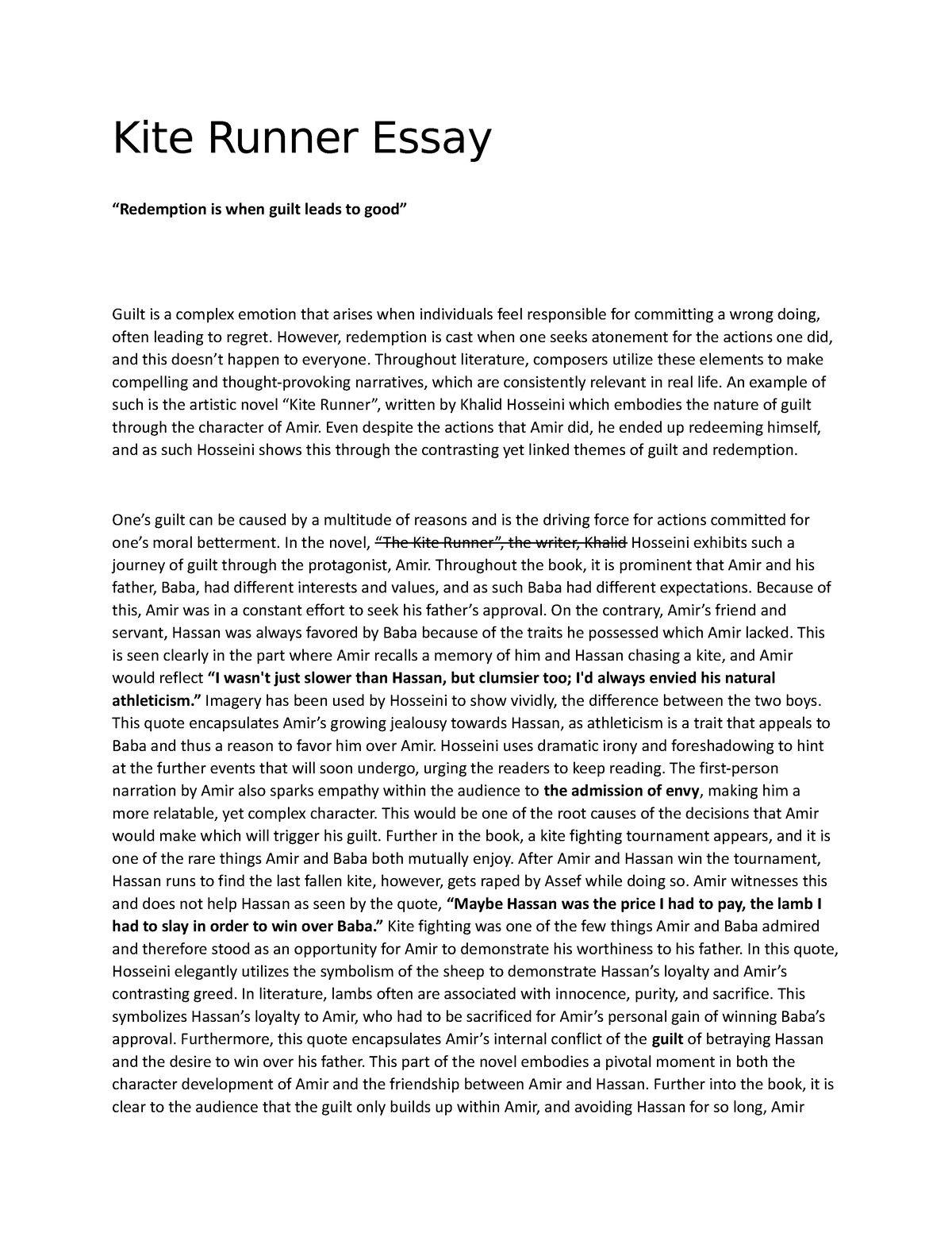 essay about guilt in the kite runner