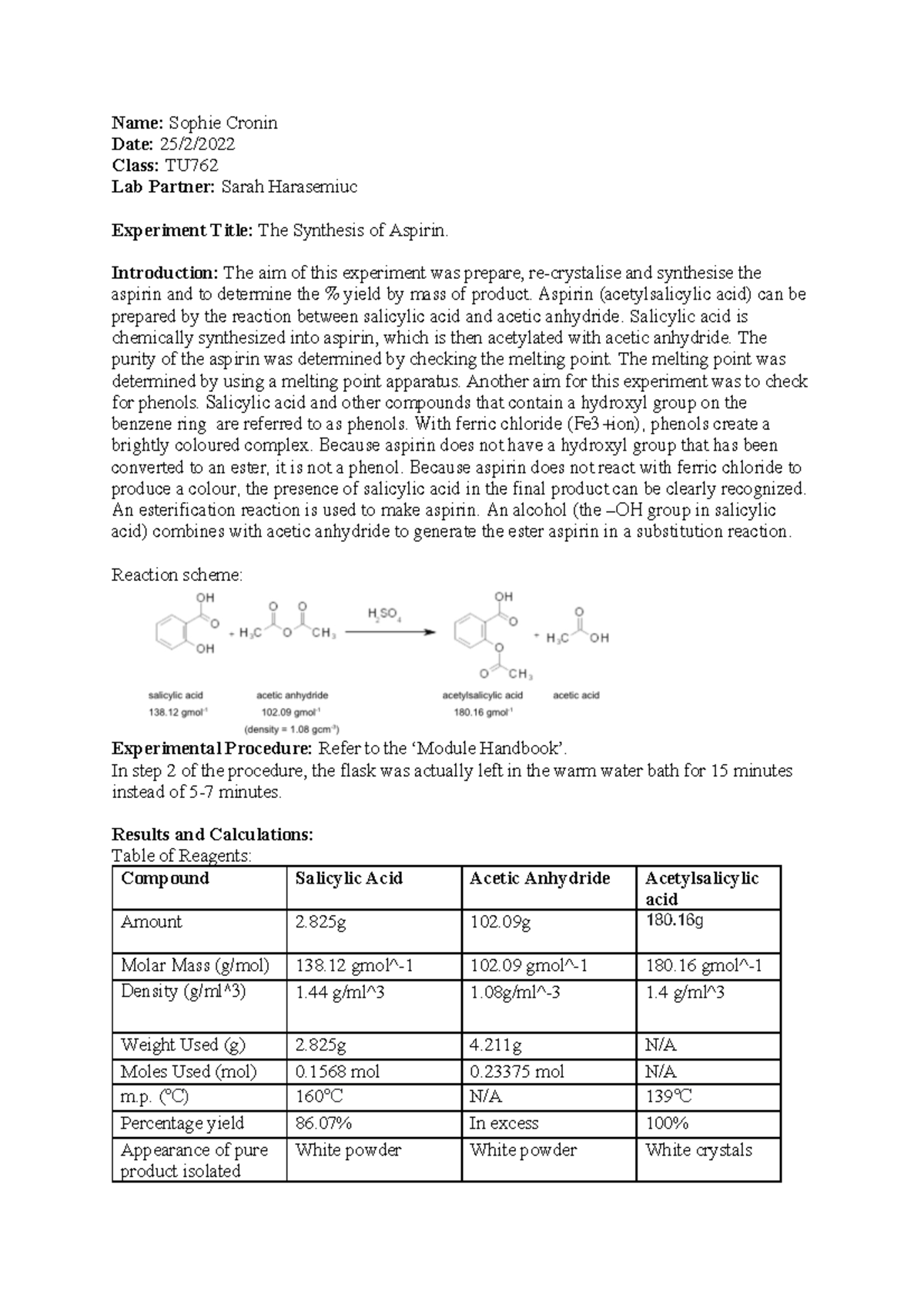 Synthesis of Aspirin - Introduction: The aim of this experiment was ...