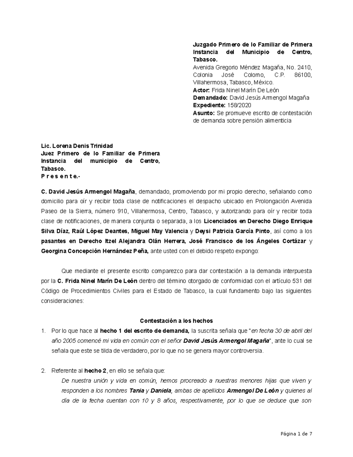 Contestación Demanda De Alimentos Juzgado Primero De Lo Familiar De Primera Instancia Del 7123