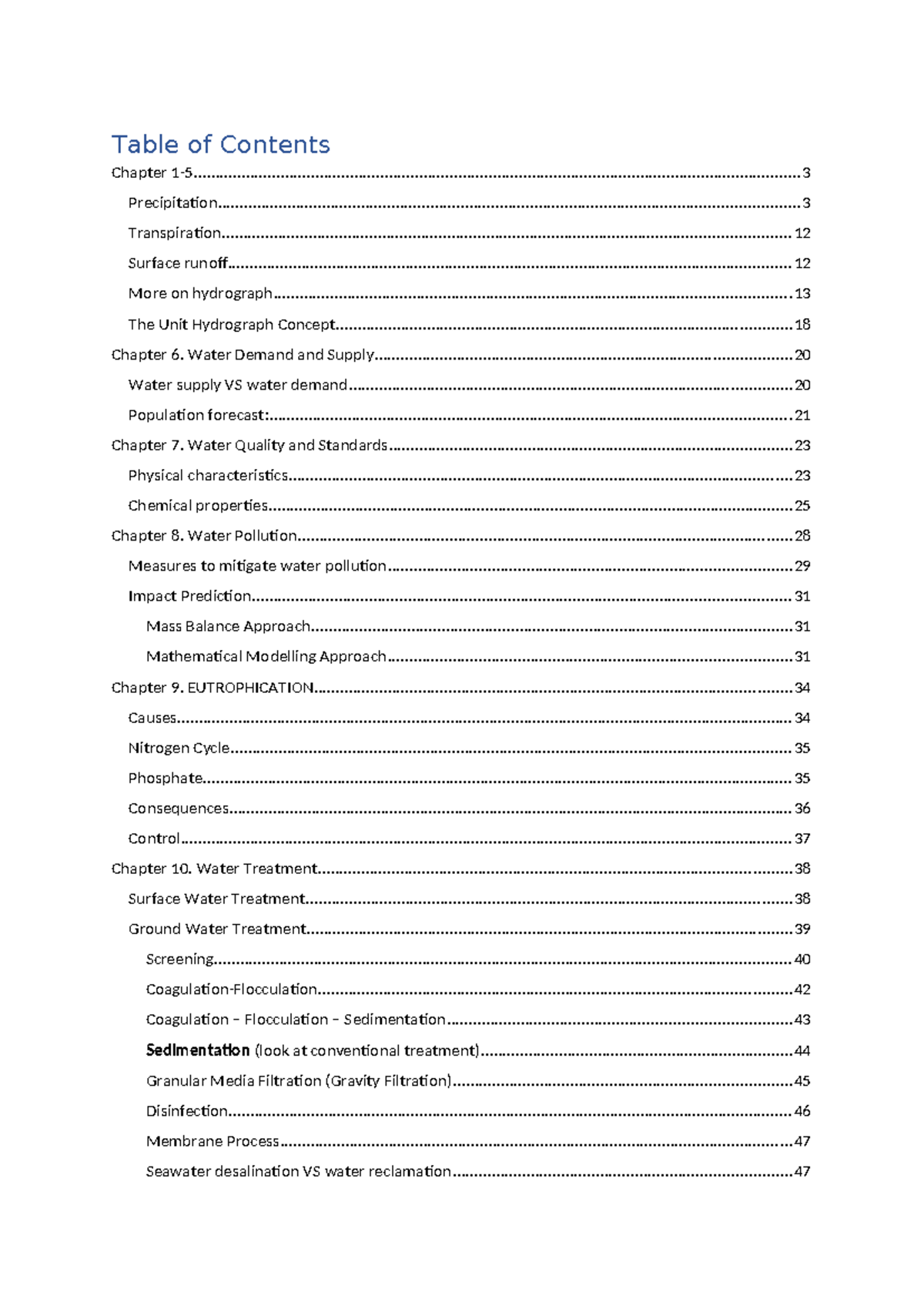 Water Resources Engineering updated 1 - Table of Contents Chapter - Studocu