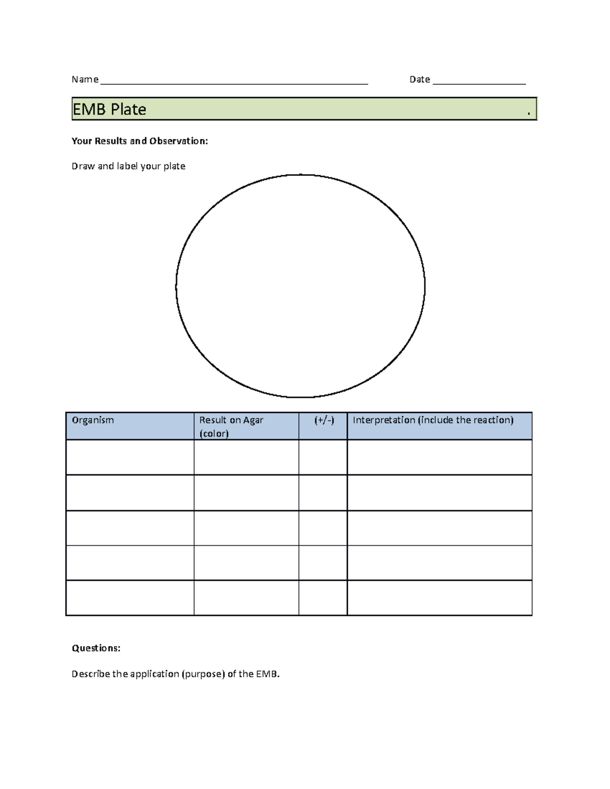EMB worksheet 3400 - Laboratory Exercises - Name
