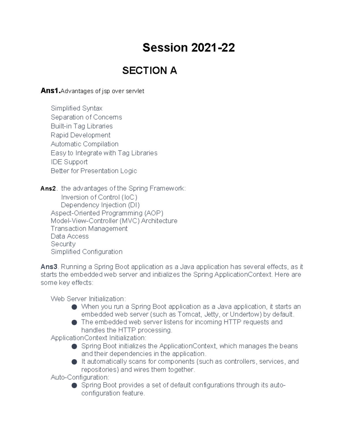 WEB develpoment - Session 2021- SECTION A Ans1 of jsp over servlet ...