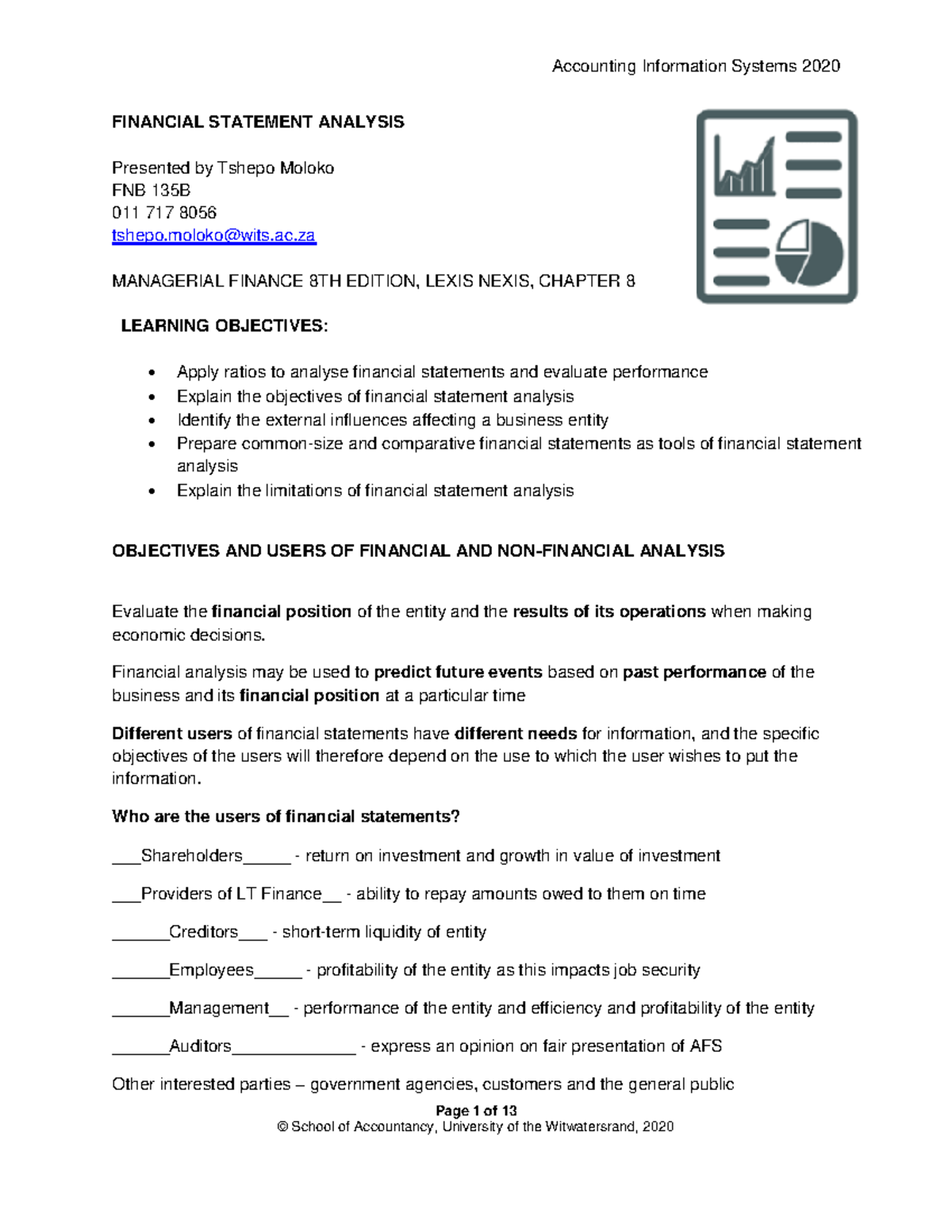 AIS Completed Lecture Notes Financial Statement Analysis - Page 1 of 13 ...