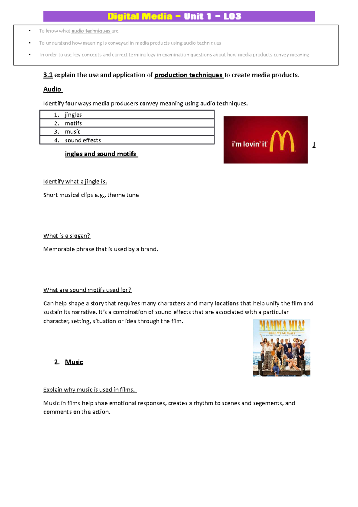 Audio techniques - 3 explain the use and application of production ...