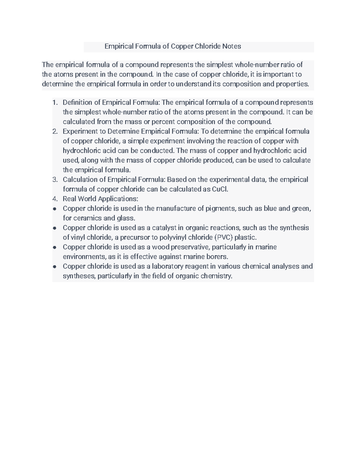 Empirical Formula of Copper Chloride Notes In the case of copper