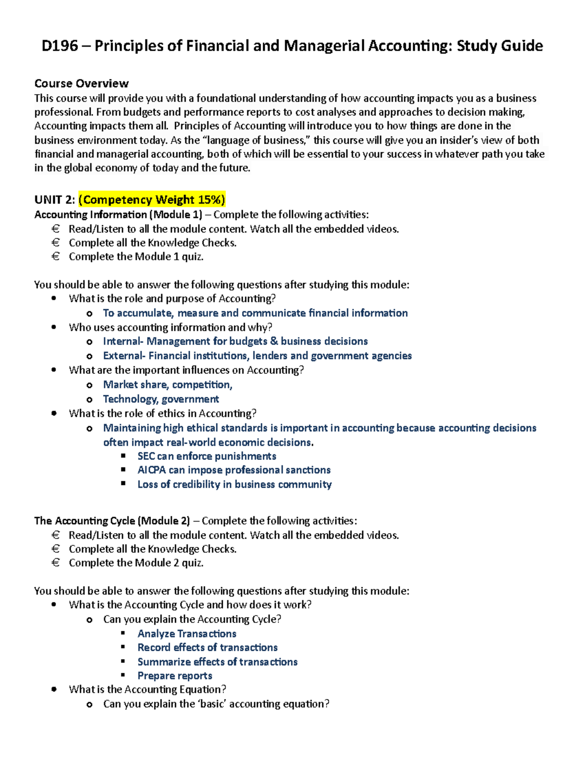 D196 Study Guide - D196 – Principles Of Financial And Managerial ...