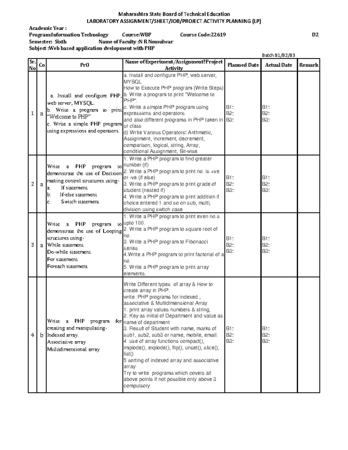 WBP-php Lab plan - jgvjk - Academic Year : Program:Information ...