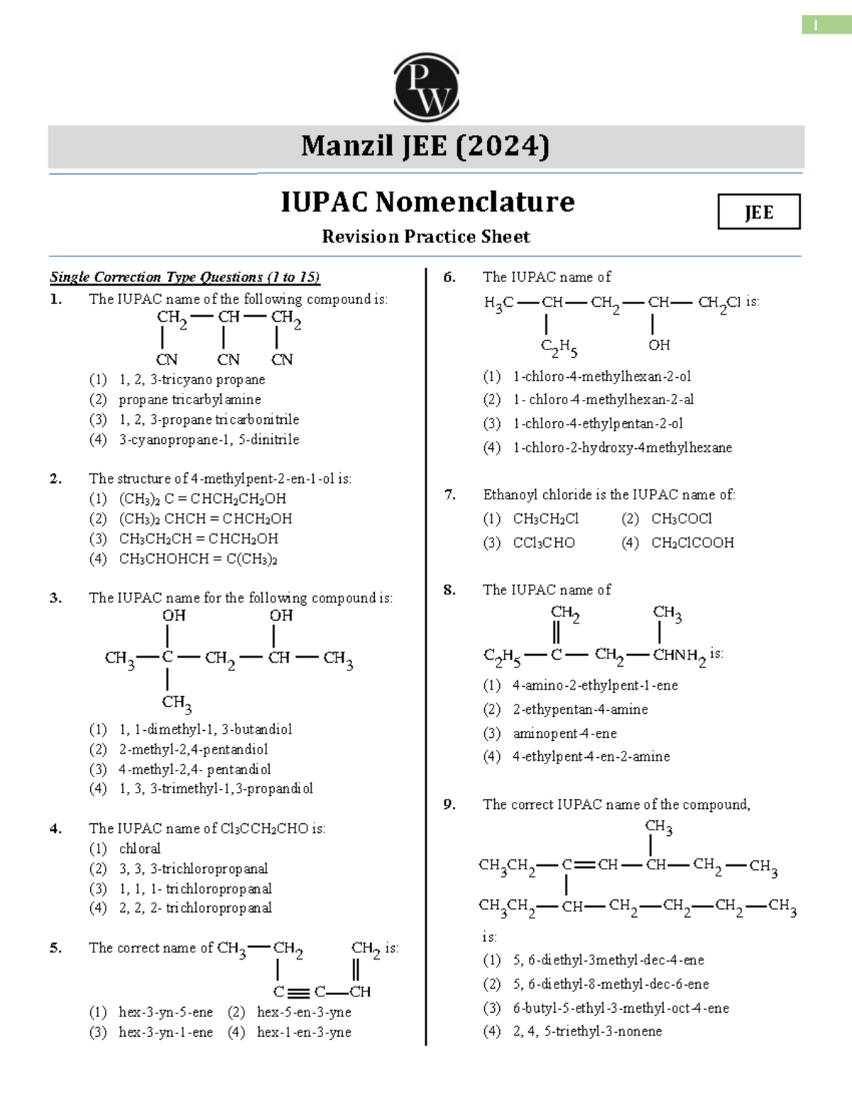 Iupac Practice Sheet - vhgf nfhn - Manzil JEE ( 2024 ) IUPAC ...